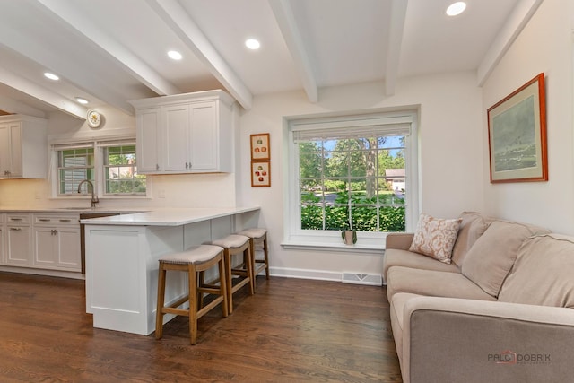 560 Golf Ln, Lake Forest, IL 60045 - kitchen with plenty of natural light, a kitchen breakfast bar, white cabinetry, open floor plan, and beam ceiling