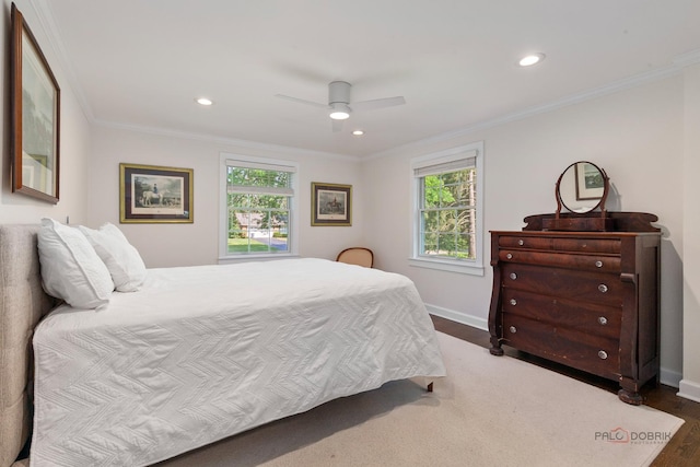 560 Golf Ln, Lake Forest, IL 60045 - bedroom with multiple windows, recessed lighting, crown molding, ceiling fan, and wood finished floors