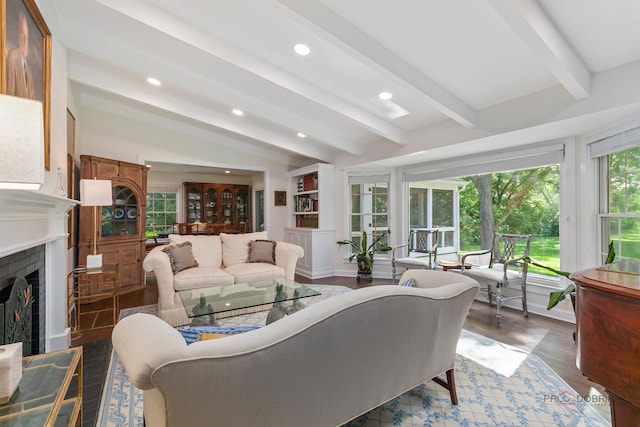 560 Golf Ln, Lake Forest, IL 60045 - living room with beam ceiling, recessed lighting, a fireplace, and wood finished floors