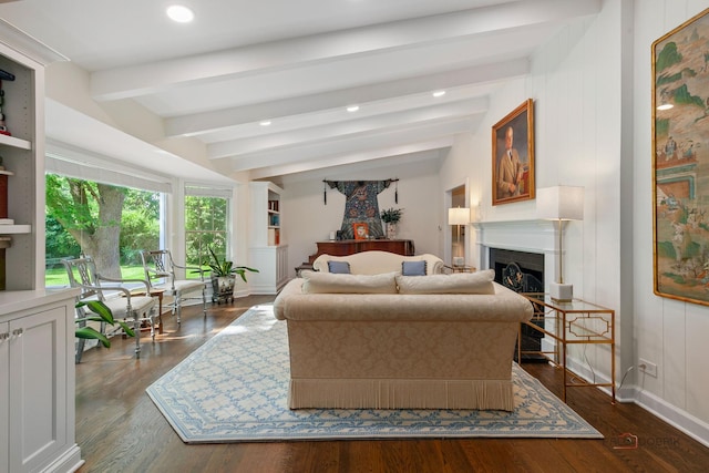 560 Golf Ln, Lake Forest, IL 60045 - living room with a fireplace, beamed ceiling, dark wood-style floors, and recessed lighting