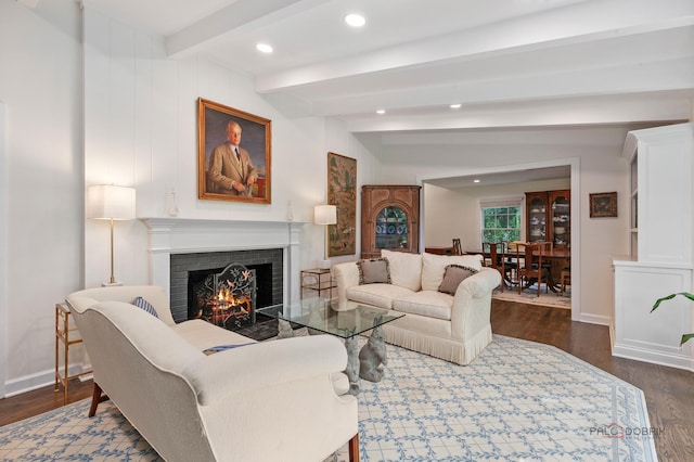 560 Golf Ln, Lake Forest, IL 60045 - living room with a fireplace, beamed ceiling, dark wood-style flooring, and recessed lighting