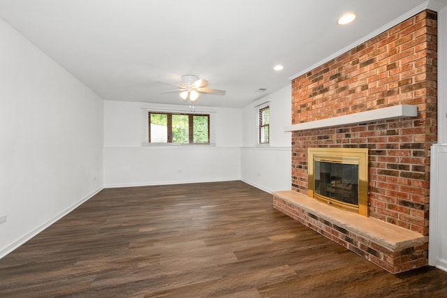 12123 S 72nd Ct, Palos Heights, IL 60463 - unfurnished living room featuring a fireplace, ceiling fan, wood finished floors, and recessed lighting