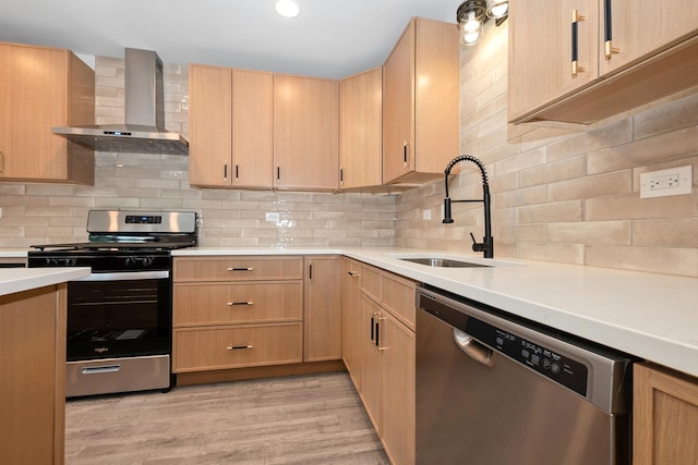 12123 S 72nd Ct, Palos Heights, IL 60463 - kitchen with wall chimney range hood, stainless steel appliances, light brown cabinets, and light countertops