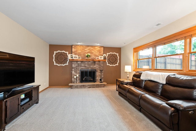 8648 Carriage Ln, Tinley Park, IL 60487 - living room featuring light colored carpet and a brick fireplace