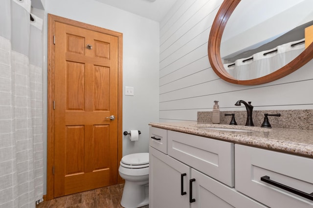 8648 Carriage Ln, Tinley Park, IL 60487 - bathroom featuring vanity, wood finished floors, wood walls, and a shower with shower curtain