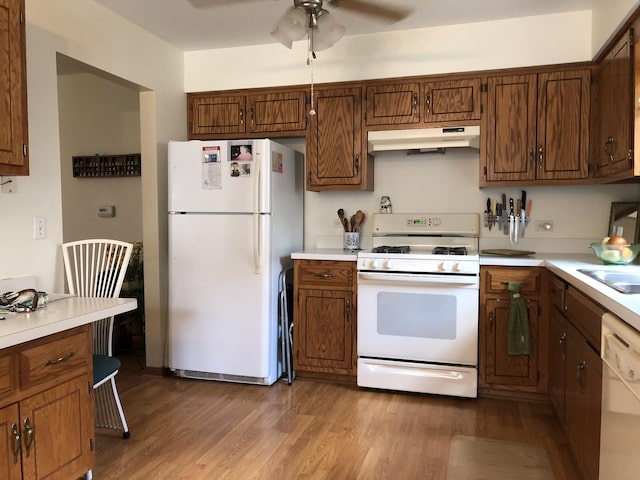 181 Saenz Ln Unit 181, Joliet, IL 60436 - kitchen with white appliances, under cabinet range hood, wood finished floors, and light countertops