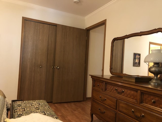 181 Saenz Ln Unit 181, Joliet, IL 60436 - bedroom with dark wood-style flooring, ornamental molding, and a closet