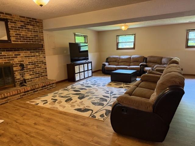26587 N Cherrywood Ln, Wauconda, IL 60084 - living area featuring hardwood / wood-style floors, healthy amount of natural light, a textured ceiling, and a fireplace