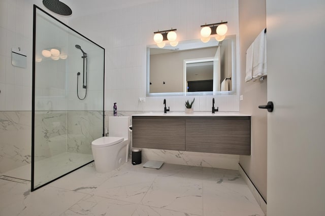 522 N Western Ave Unit 201, Chicago, IL 60612 - full bath with a marble finish shower, marble finish floors, double vanity, decorative backsplash, and tile walls