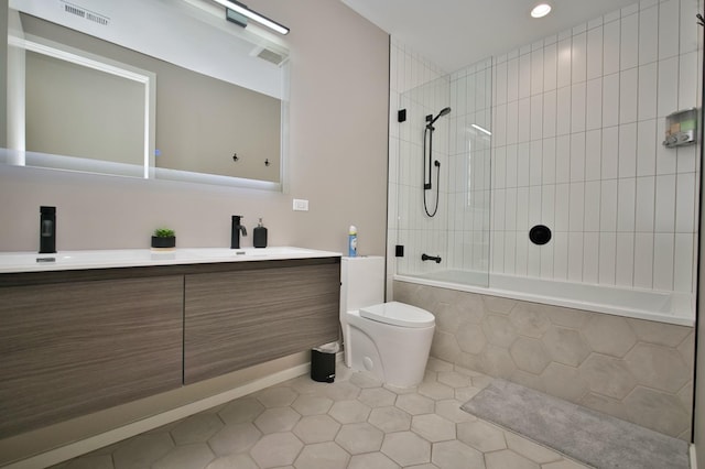 522 N Western Ave Unit 201, Chicago, IL 60612 - full bathroom featuring tile patterned floors, tiled shower / bath, double vanity, and recessed lighting