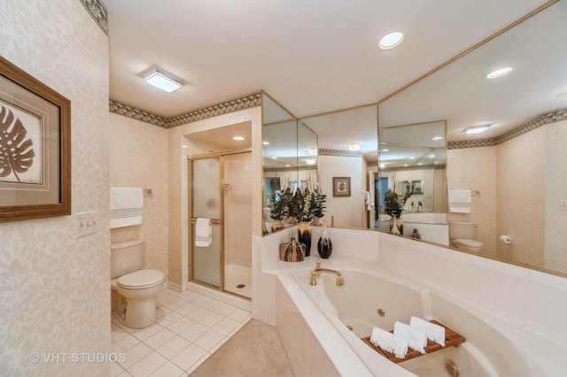 1808 N Normandy Ct, Arlington Heights, IL 60004 - bathroom with a shower stall, a whirlpool tub, tile patterned floors, recessed lighting, and vanity
