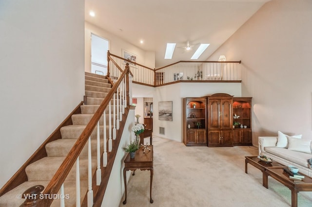 1808 N Normandy Ct, Arlington Heights, IL 60004 - staircase with a skylight, carpet, high vaulted ceiling, and recessed lighting