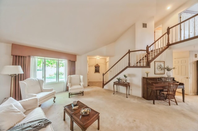 1808 N Normandy Ct, Arlington Heights, IL 60004 - living area featuring stairs, carpet flooring, and high vaulted ceiling