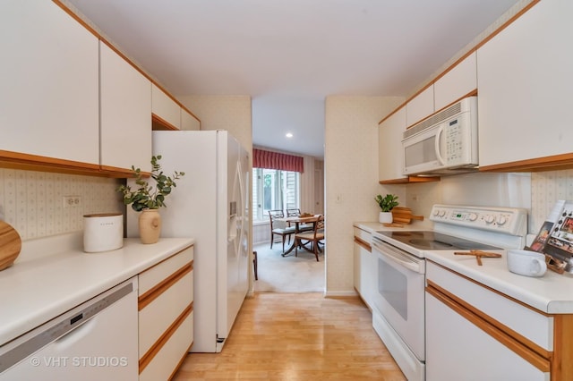 1808 N Normandy Ct, Arlington Heights, IL 60004 - kitchen with white appliances, light countertops, white cabinetry, light wood-type flooring, and recessed lighting