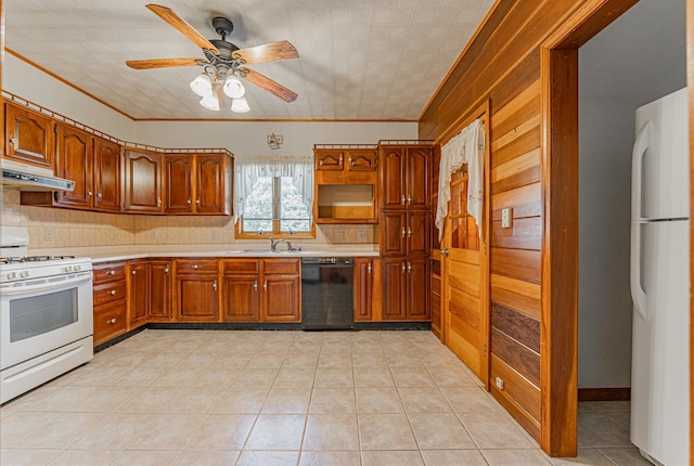 102 S Oak St, Arrowsmith, IL 61722 - kitchen featuring white appliances, under cabinet range hood, ceiling fan, light countertops, and backsplash