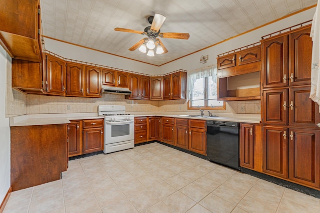 102 S Oak St, Arrowsmith, IL 61722 - kitchen featuring dishwasher, white gas range, brown cabinetry, light countertops, and ornamental molding