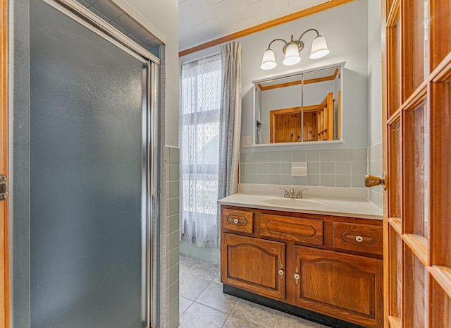 102 S Oak St, Arrowsmith, IL 61722 - full bathroom with a stall shower, vanity, ornamental molding, tasteful backsplash, and tile patterned floors