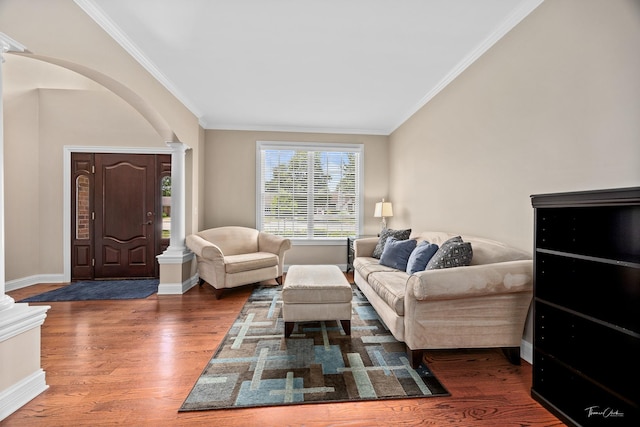 4037 Main St, Downers Grove, IL 60515 - living area with ornate columns, crown molding, wood finished floors, and arched walkways
