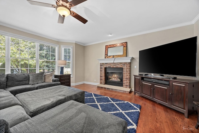 4037 Main St, Downers Grove, IL 60515 - living area featuring wood finished floors, a ceiling fan, plenty of natural light, ornamental molding, and a brick fireplace