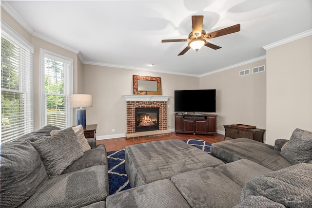 4037 Main St, Downers Grove, IL 60515 - living room featuring a ceiling fan, wood finished floors, ornamental molding, and a fireplace