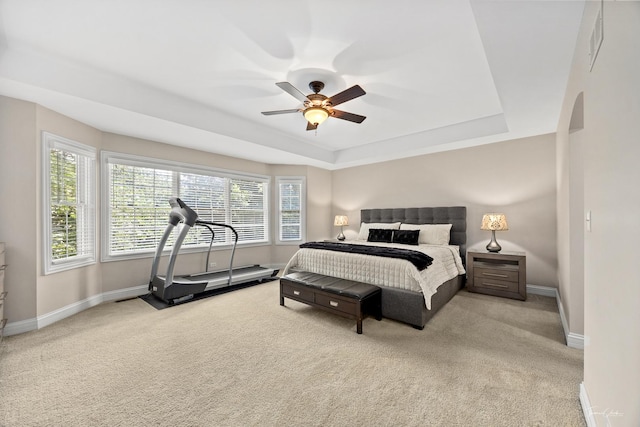 4037 Main St, Downers Grove, IL 60515 - bedroom featuring carpet floors, a tray ceiling, arched walkways, and ceiling fan