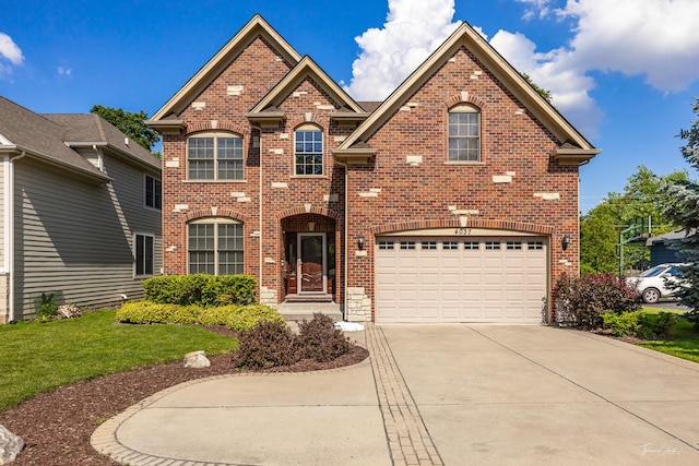 4037 Main St, Downers Grove, IL 60515 - traditional-style home with brick siding, concrete driveway, an attached garage, and a front lawn