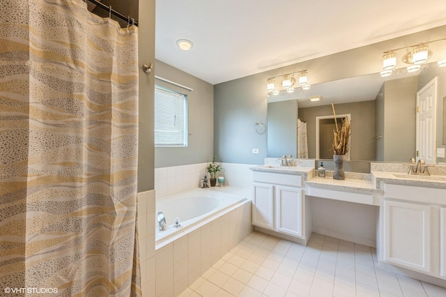2140 Colchester Ct, Hoffman Estates, IL 60192 - full bath featuring tile patterned flooring, double vanity, a bath, and a shower with shower curtain