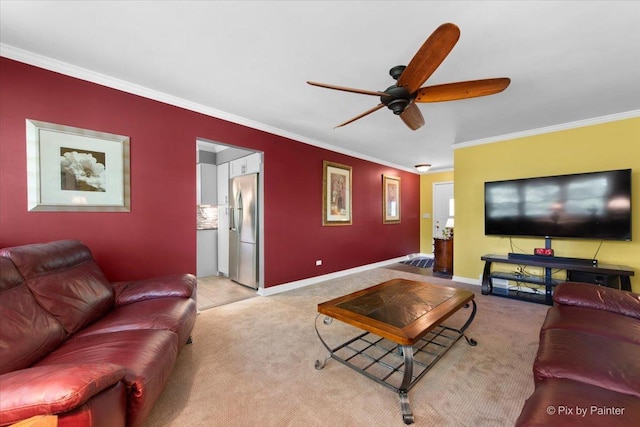 862 Arthur Dr, Elgin, IL 60120 - living room with light carpet, ceiling fan, and ornamental molding