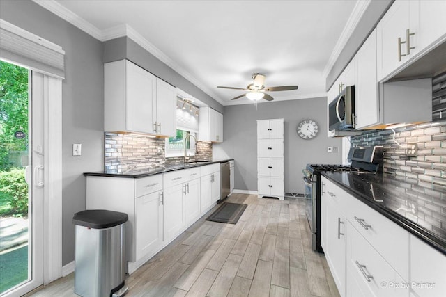 862 Arthur Dr, Elgin, IL 60120 - kitchen featuring stainless steel appliances, dark countertops, tasteful backsplash, light wood-type flooring, and crown molding