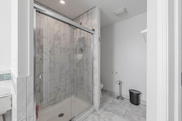 16263 Celtic Cir, Manhattan, IL 60442 - full bathroom with marble look tile flooring, a stall shower, and recessed lighting