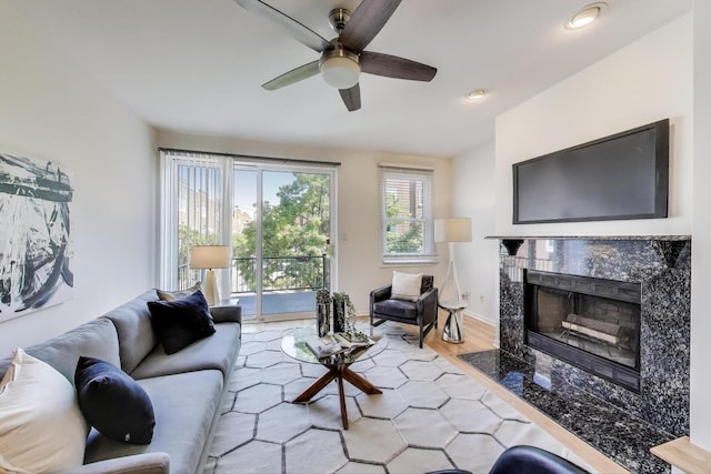1728 W Terra Cotta Pl Unit D, Chicago, IL 60614 - living area featuring ceiling fan, a fireplace, light wood-type flooring, and recessed lighting