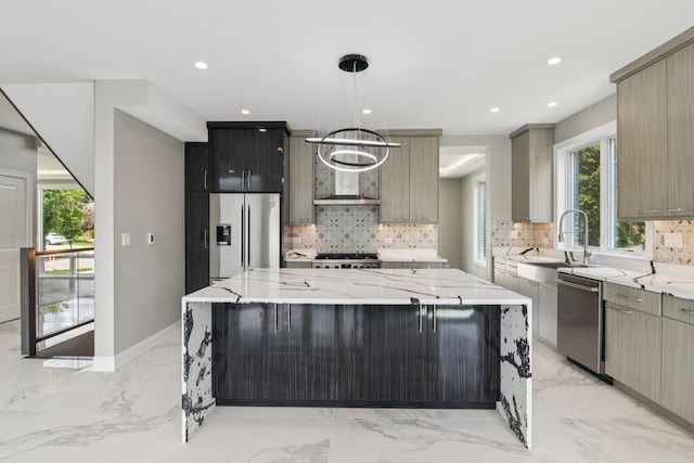 3933 Gloria Ct, Glenview, IL 60025 - kitchen with appliances with stainless steel finishes, a large island, light marble finish floors, backsplash, and recessed lighting