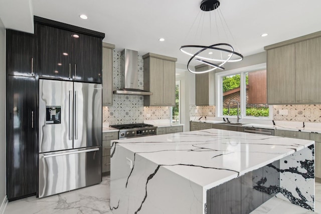3933 Gloria Ct, Glenview, IL 60025 - kitchen with stainless steel appliances, wall chimney exhaust hood, light marble finish floors, a chandelier, and a kitchen island