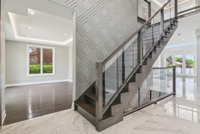 3933 Gloria Ct, Glenview, IL 60025 - stairs with marble tiled flooring, french doors, an accent wall, and recessed lighting