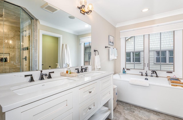 26 S Chestnut Ave, Arlington Heights, IL 60005 - bathroom with a freestanding bath, a stall shower, double vanity, crown molding, and recessed lighting