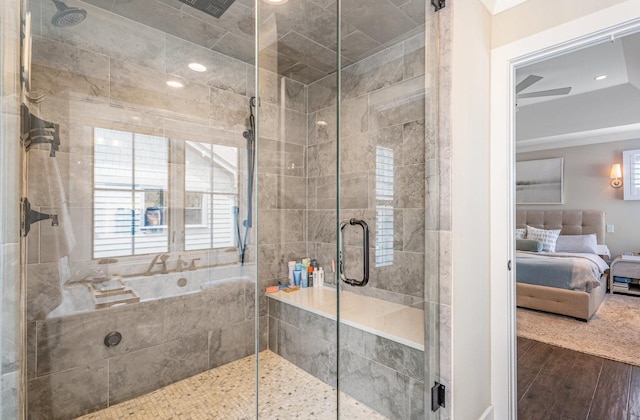 26 S Chestnut Ave, Arlington Heights, IL 60005 - ensuite bathroom with a stall shower, wood finished floors, and recessed lighting