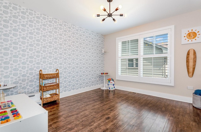 26 S Chestnut Ave, Arlington Heights, IL 60005 - recreation room featuring a chandelier, wood finished floors, and wallpapered walls