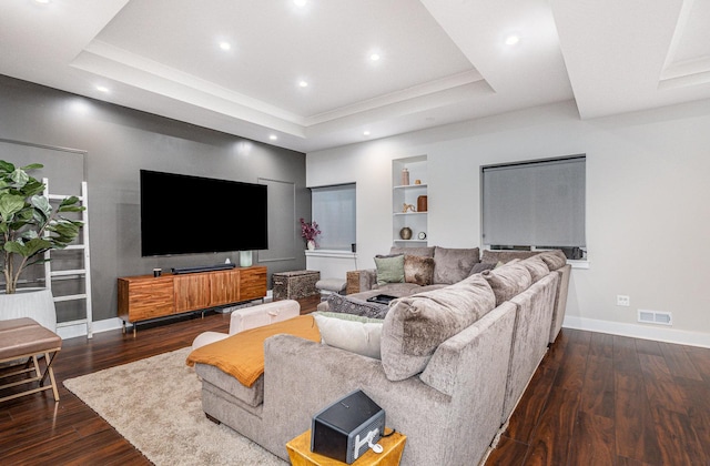 26 S Chestnut Ave, Arlington Heights, IL 60005 - living area with a tray ceiling, built in shelves, dark wood-style floors, and recessed lighting