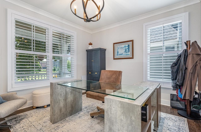 26 S Chestnut Ave, Arlington Heights, IL 60005 - office with crown molding, a chandelier, and wood finished floors