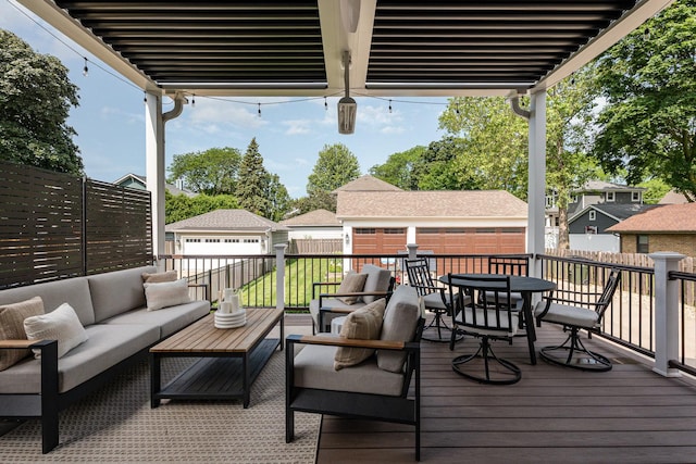 26 S Chestnut Ave, Arlington Heights, IL 60005 - wooden terrace featuring an outdoor living space, outdoor dining space, an outdoor structure, and a fenced backyard