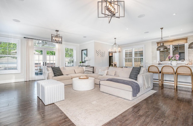 26 S Chestnut Ave, Arlington Heights, IL 60005 - living area featuring a chandelier, dark wood-type flooring, crown molding, french doors, and recessed lighting