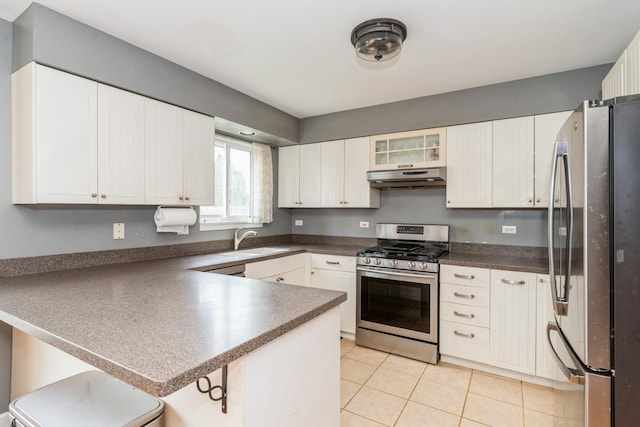 80 Wilton Ln, Mundelein, IL 60060 - kitchen featuring appliances with stainless steel finishes, under cabinet range hood, a peninsula, light tile patterned floors, and dark countertops