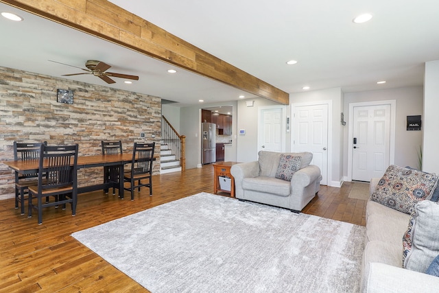 18W761 83rd St, Downers Grove, IL 60516 - living room featuring stairway, a ceiling fan, hardwood / wood-style flooring, recessed lighting, and beamed ceiling
