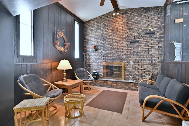 8532 N Olcott Ave, Niles, IL 60714 - tiled living room with wooden walls, a fireplace, and brick wall