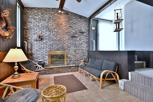 8532 N Olcott Ave, Niles, IL 60714 - tiled living room with a fireplace, brick wall, and a ceiling fan