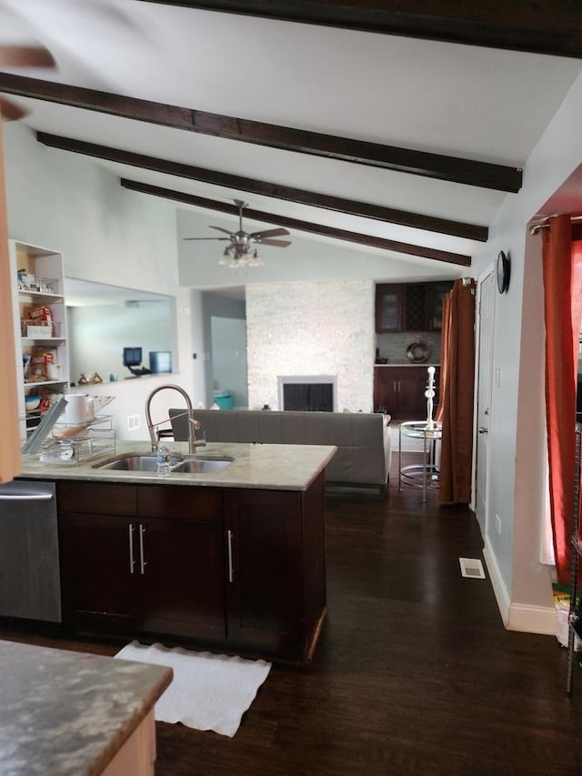 837 Hamlin Ave, Flossmoor, IL 60422 - kitchen with dishwasher, a ceiling fan, beamed ceiling, a fireplace, and open floor plan