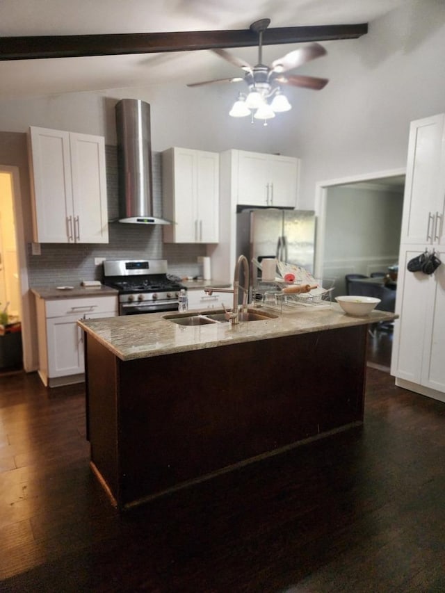 837 Hamlin Ave, Flossmoor, IL 60422 - kitchen featuring appliances with stainless steel finishes, wall chimney exhaust hood, white cabinetry, dark wood-style flooring, and tasteful backsplash