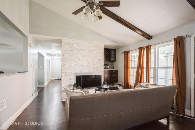 837 Hamlin Ave, Flossmoor, IL 60422 - living room featuring dark wood finished floors, a stone fireplace, and a ceiling fan