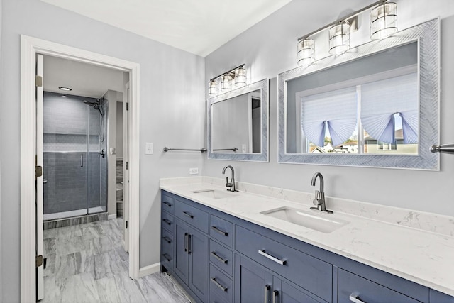 18140 Crystal Ln, Lansing, IL 60438 - full bath with marble finish floors, double vanity, and a stall shower