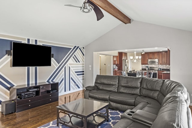 18140 Crystal Ln, Lansing, IL 60438 - living room with ceiling fan, a chandelier, dark wood-type flooring, beam ceiling, and high vaulted ceiling